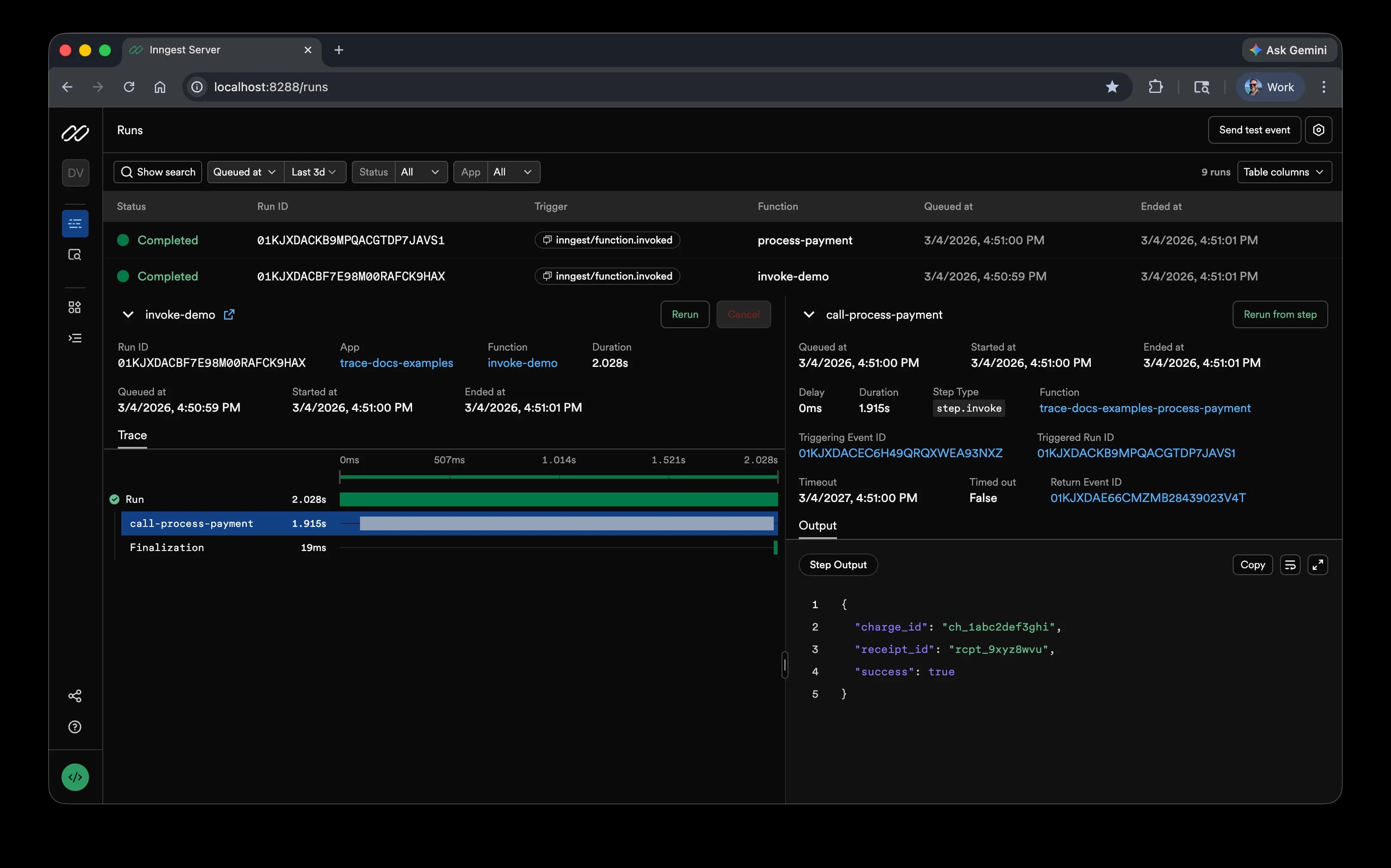 Step details panel for a step.invoke showing invoke-specific fields